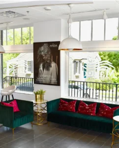 A modern salon waiting area with green velvet sofas, pink pillows, gold tables, large windows, and an Aveda hair product poster on the wall. - Mango Salon, VA