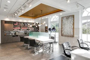 Modern salon interior with styling chairs, manicure tables, shelves of hair products, hair dryers, large abstract art, and natural light from tall windows. - Mango Salon, VA