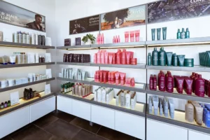 Shelves in a store display various hair care products in bottles and tubes, arranged by color and type, with promotional posters on the wall above. - Mango Salon, VA