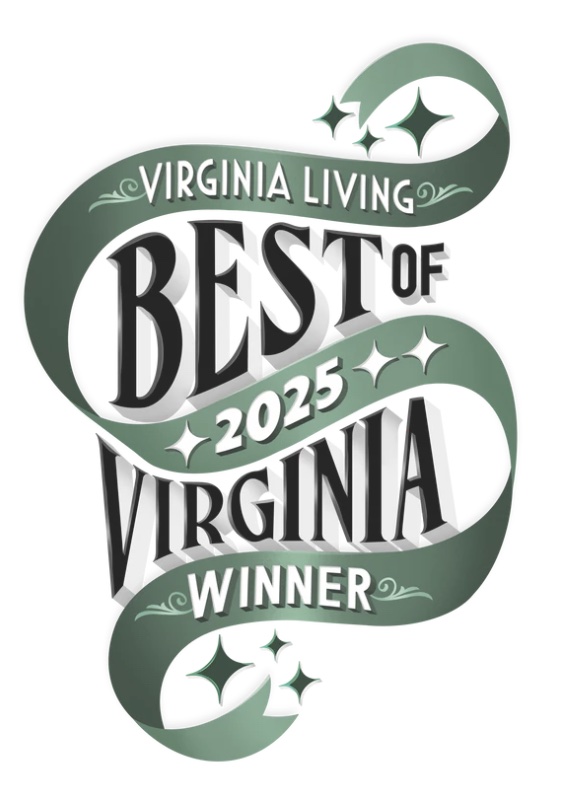 A green and white ribbon graphic reads “Virginia Living Best of Virginia 2025 Winner” with decorative sparkles. - Mango Salon, VA