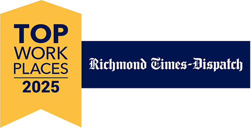 A gold banner reads "Top Workplaces 2025" next to the "Richmond Times-Dispatch" logo on a navy blue background. - Mango Salon, VA
