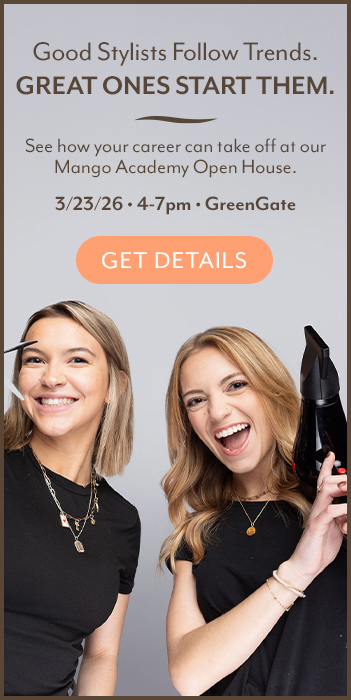 Two smiling women hold hairstyling tools in a promotional ad for Mango Academy Open House, with event details and a "Get Details" button displayed. - Mango Salon, VA