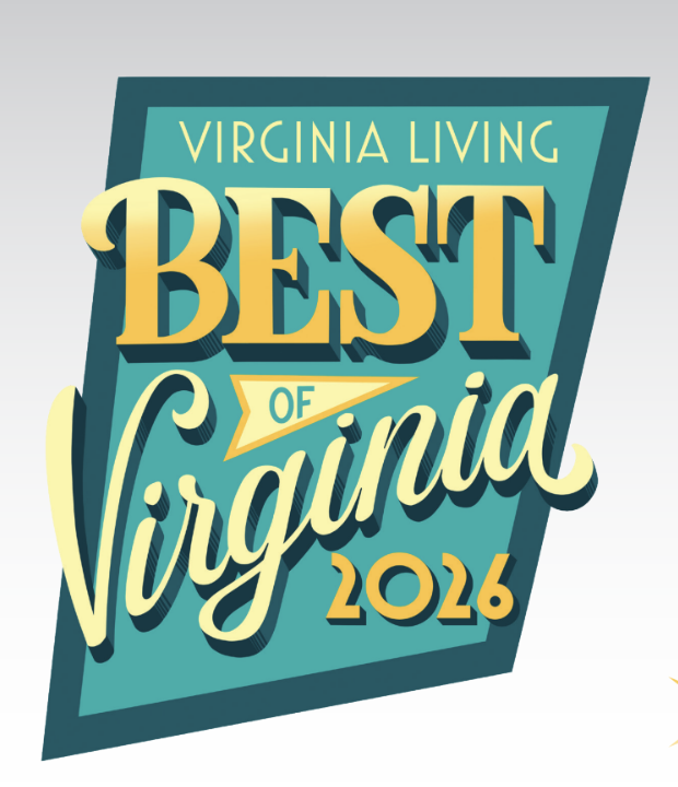 Logo for "Virginia Living Best of Virginia 2026" with bold yellow and teal lettering on a teal background. - Mango Salon, VA