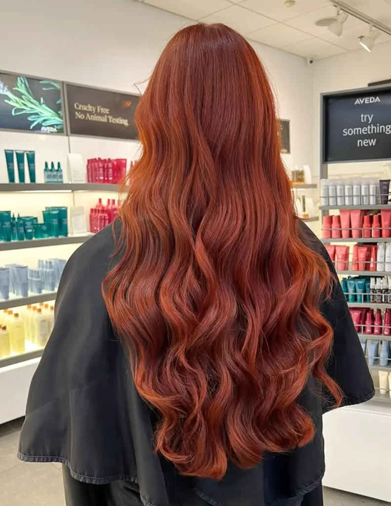 Person with long, wavy, vibrant red hair stands in a salon, facing away from the camera. Shelves with hair products and a sign are visible in the background. - Mango Salon, VA