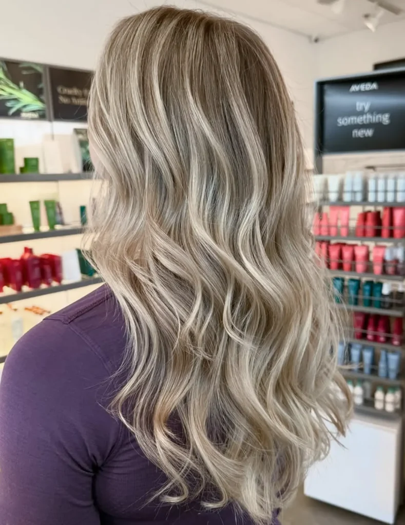 A person with long, wavy, blonde hair stands in a salon with shelves of hair products in the background. - Mango Salon, VA