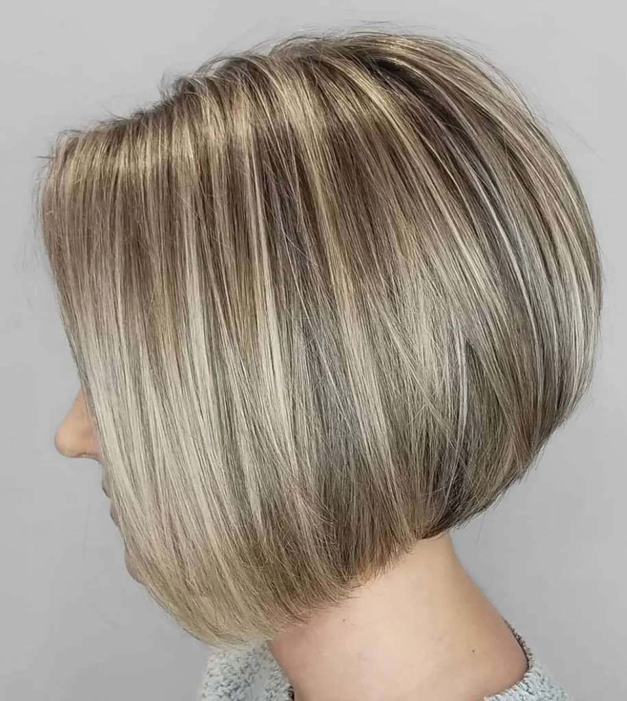 A person with straight, chin-length blonde hair styled in a sleek bob, shown from a side profile against a plain background. - Mango Salon, VA