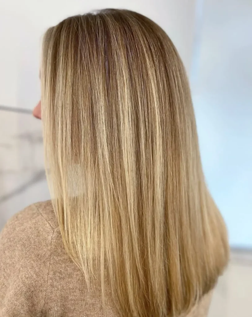 Person with straight, shoulder-length, blonde hair shown from the back, wearing a beige top against a light background. - Mango Salon, VA