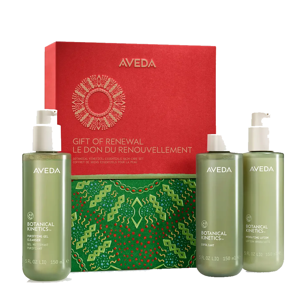 Aveda Botanical Kinetics skin care set for your 2026 holiday, featuring a gift box, a purifying gel cleanser, an exfoliant, and a hydrating lotion. - Mango Salon, VA